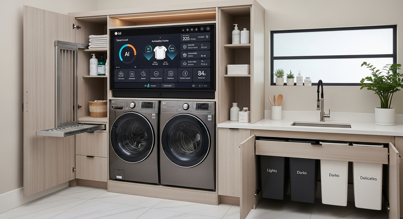 LG 트롬 워시타워 2026년형이 배치된 깔끔하고 효율적인 한국 가정 세탁실의 이미지