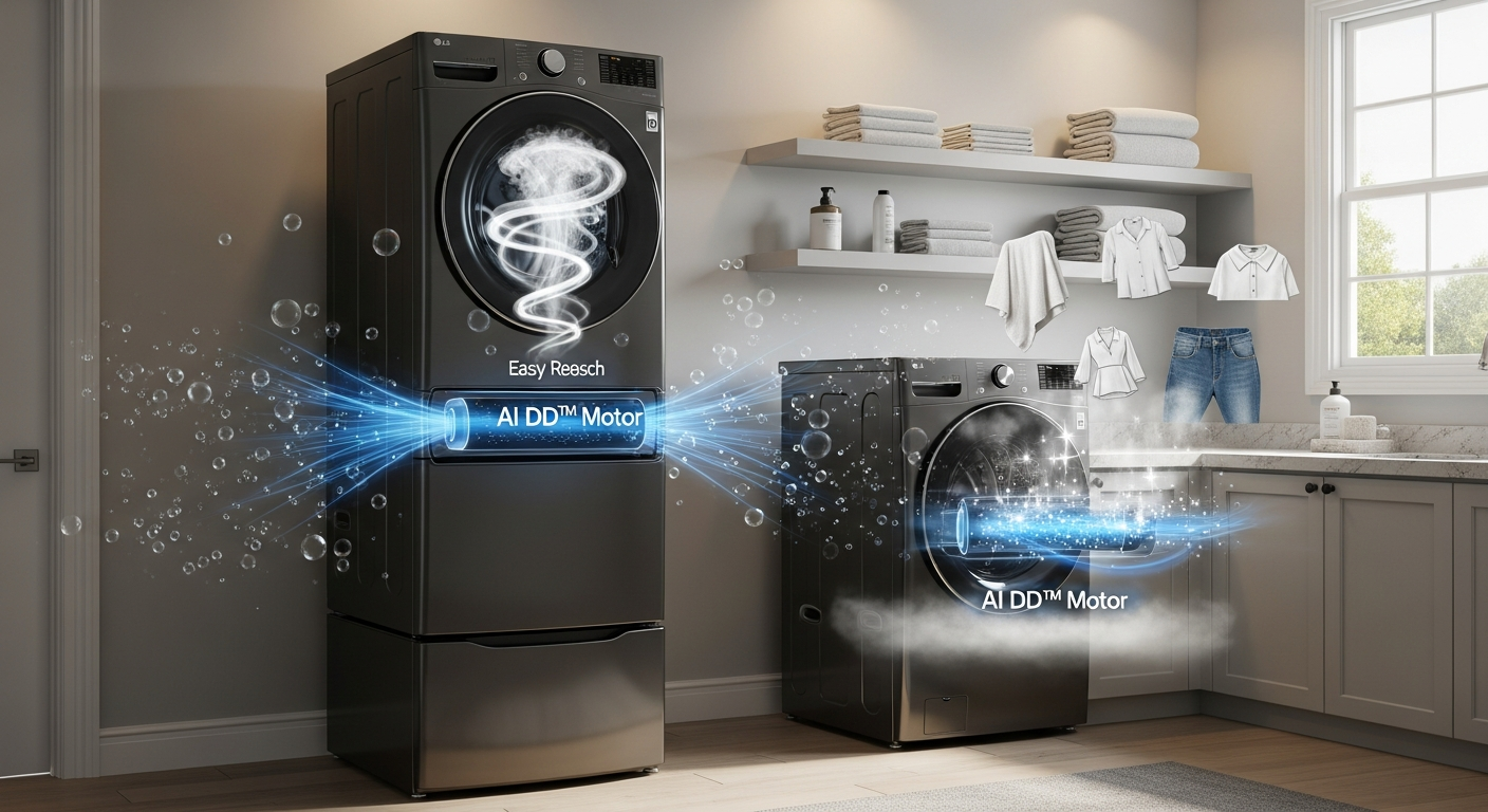LG 트롬 워시타워와 워시콤보 세탁기의 AI DD 모터와 옷감 보호 기능을 설명하는 일러스트