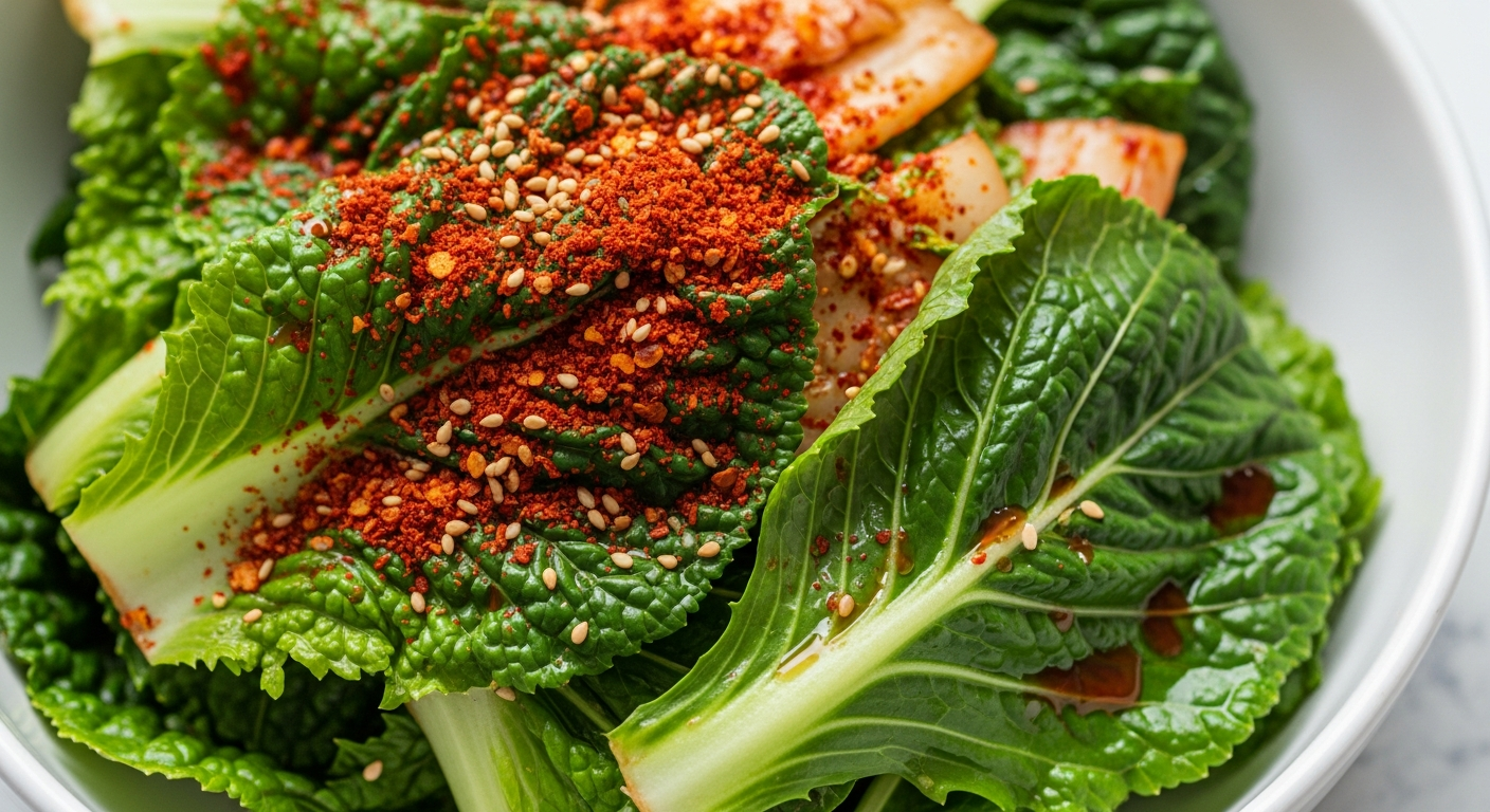 봄동 겉절이 담긴 그릇, 고춧가루가 보이고 참깨와 참기름이 뿌려진 모습