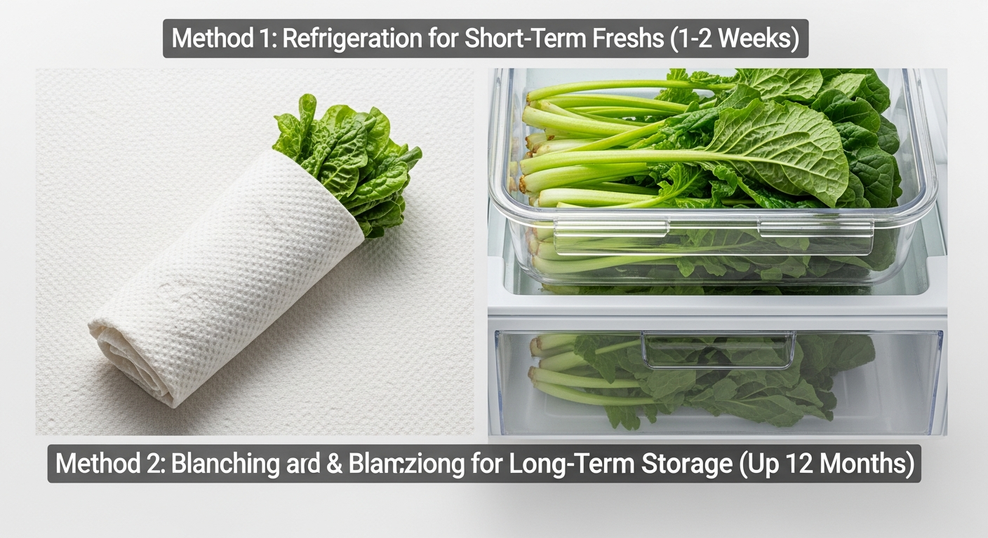 봄동을 키친타월에 싸서 밀폐용기에 담아 냉장 보관하는 모습과 데쳐 냉동 보관하는 모습