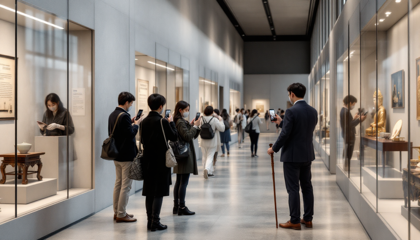 국립중앙박물관 복도에 다양한 특별전 전시품이 배치되고 한국인 관람객들이 살펴보는 장면