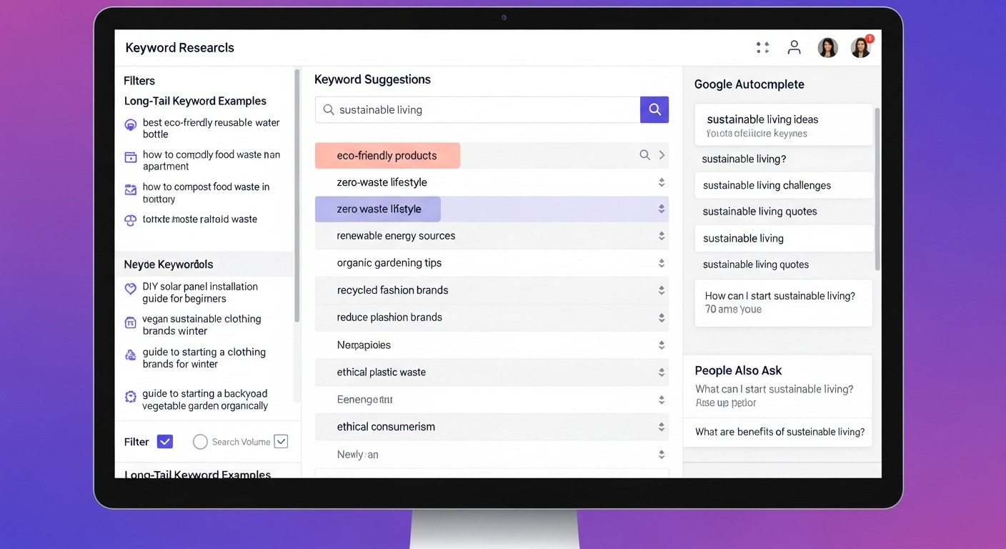 키워드 리서치와 롱테일 키워드 전략을 설명하는 컴퓨터 화면