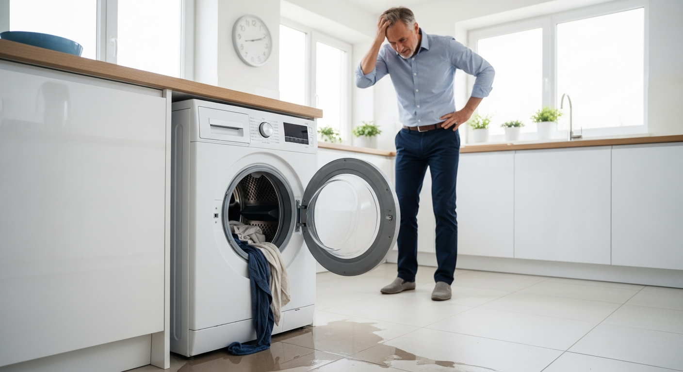 고장 난 세탁기와 당황한 소비자의 모습