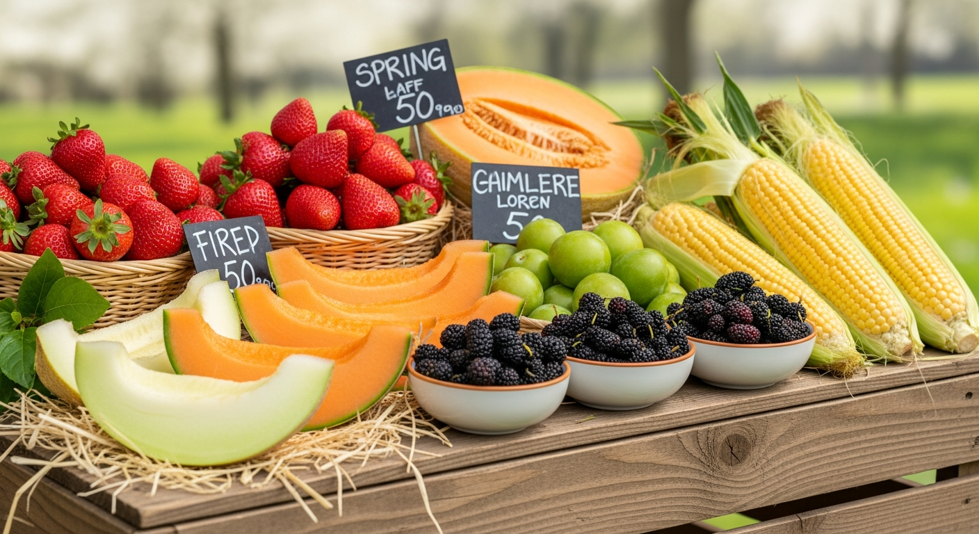 5월 제철 과일들이 신선하게 진열된 봄 시장 풍경