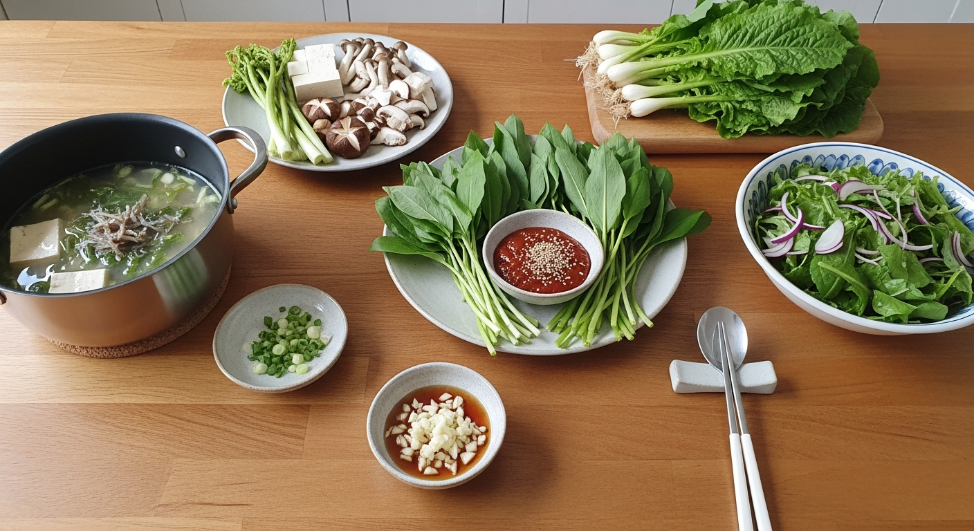 세 가지 봄나물 요리 준비가 된 깔끔한 주방 장면