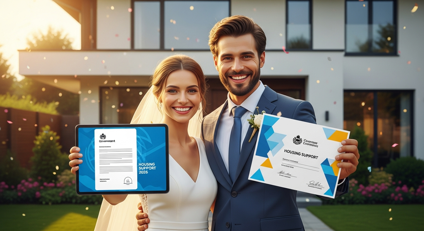 2026년 신혼부부가 신혼집 앞에서 정부 지원 정책에 기뻐하는 모습