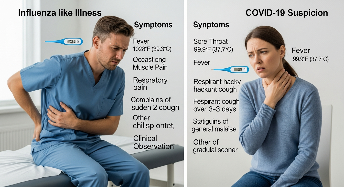 독감과 코로나19 증상 초기 비교, 갑작스러운 고열과 심한 근육통 versus 점진적 심한 인후통