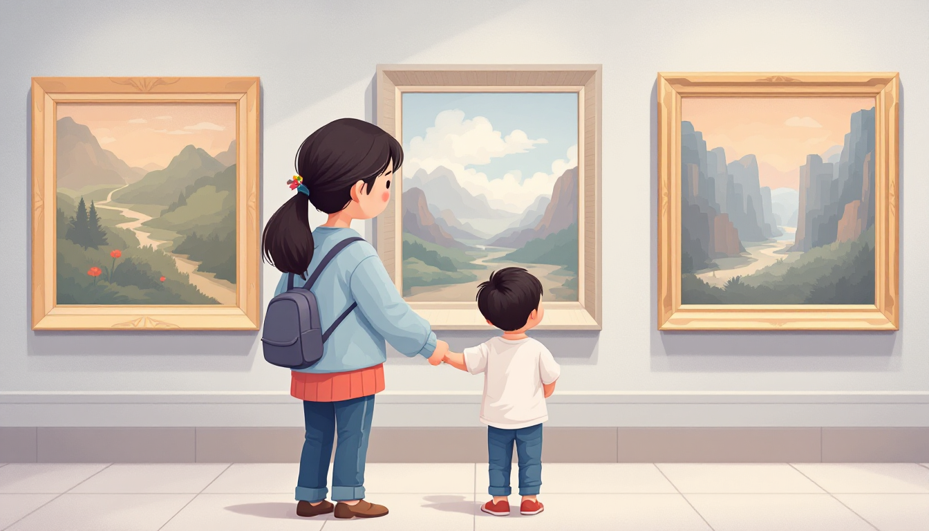 일러스트 스타일의 보호자가 손을 잡고 어린이와 함께 조심스럽게 전시를 관람하는 장면
