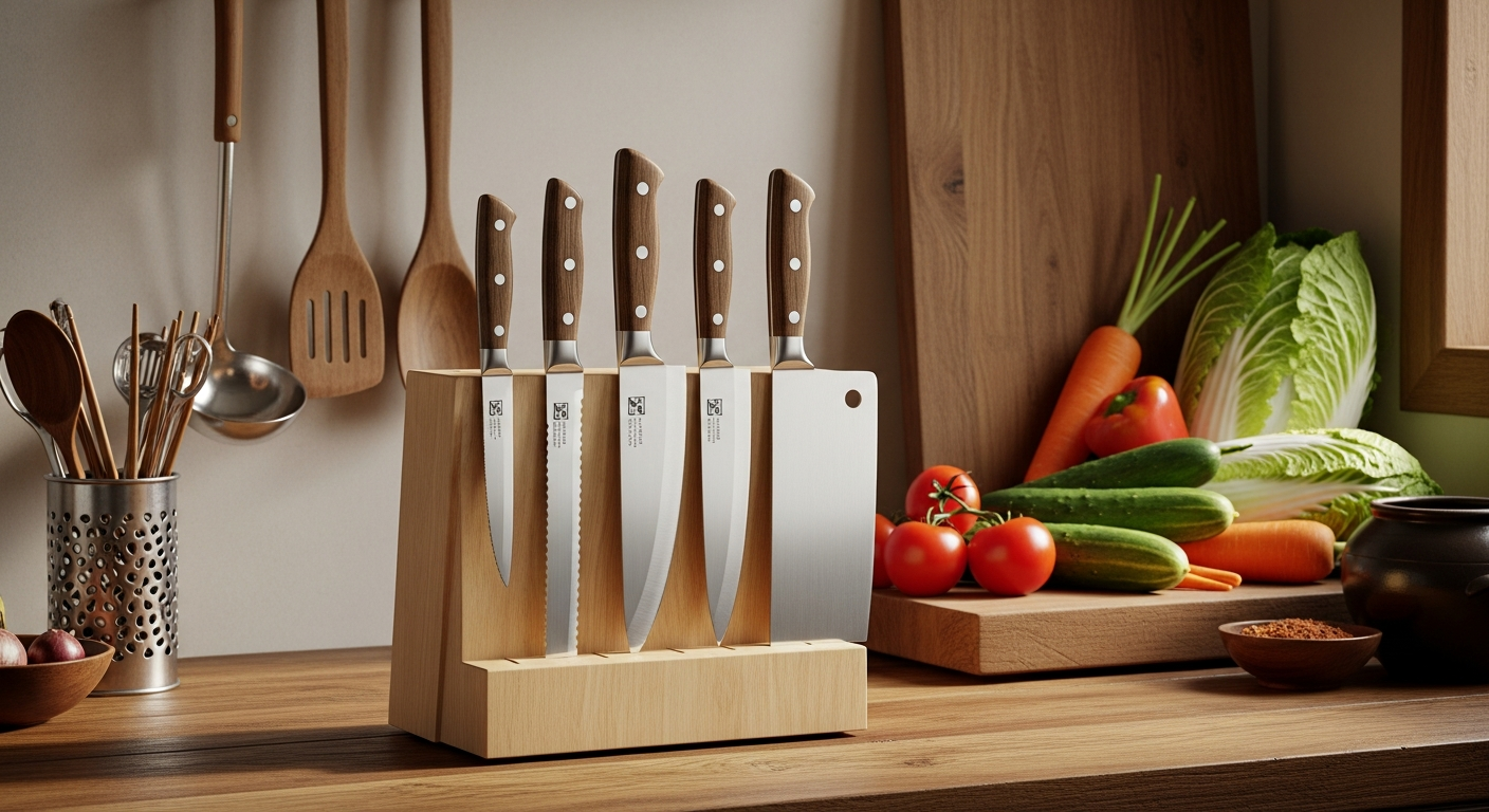 다양한 칼 종류가 나무 칼꽂이에 정리되어 있고 한식 주방 환경과 신선한 채소가 함께 있는 모습