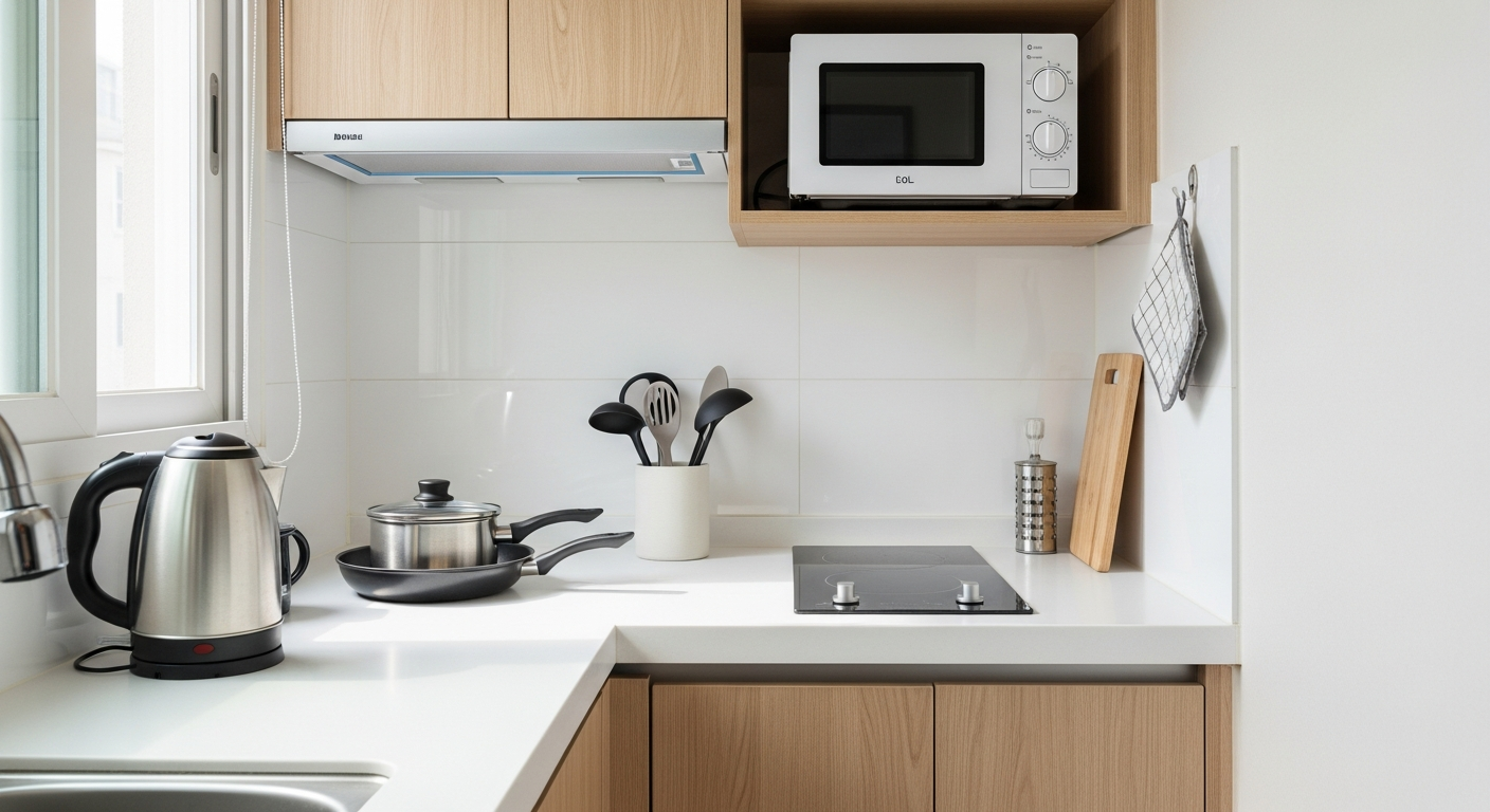 좁은 원룸 주방에 컴팩트한 필수 주방 가전과 조리도구가 정돈되어 있는 모습