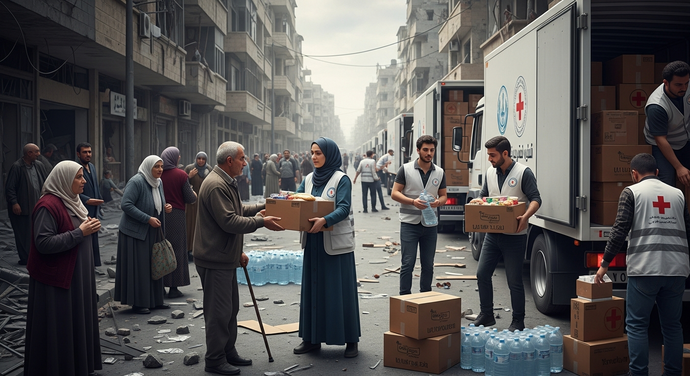 피해를 입은 도시에서 구호 물자를 배포하는 구호대와 민간인