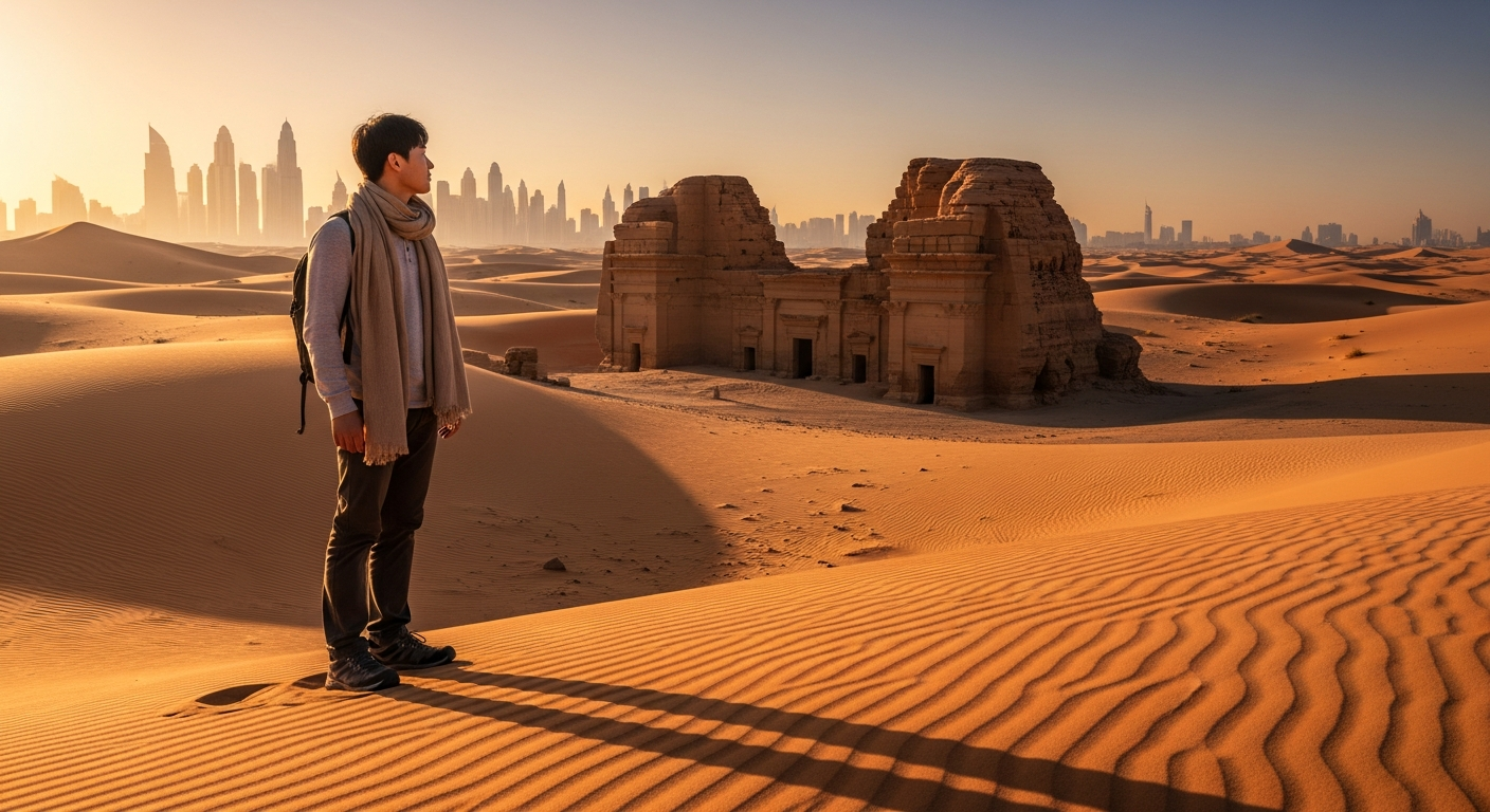 사막 언덕에 선 한국인 여행자가 고대 유적과 현대 도시 스카이라인을 바라보는 장면