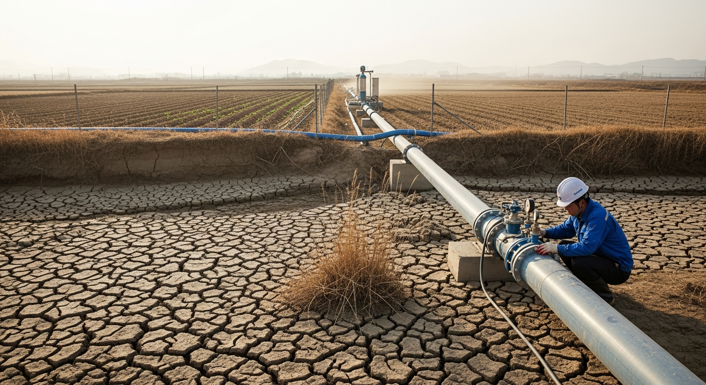 갈라진 하천과 수처리 설비를 점검하는 기술자의 모습
