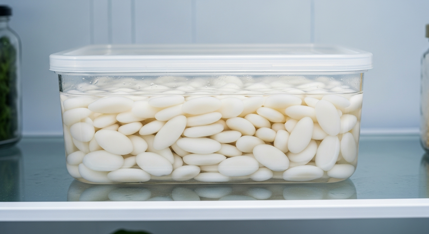 떡국떡을 신선하게 찬물에 잠기도록 보관하는 모습