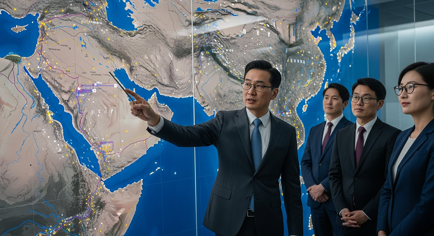 페르시아만 지도를 보며 주요 산유국과 유전 위치를 설명하는 한국인 에너지 분석가와 동료들