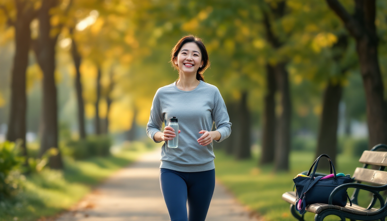 50대 여성이 공원에서 빠르게 걷기 운동을 하며 보조 도구가 놓인 장면 설명