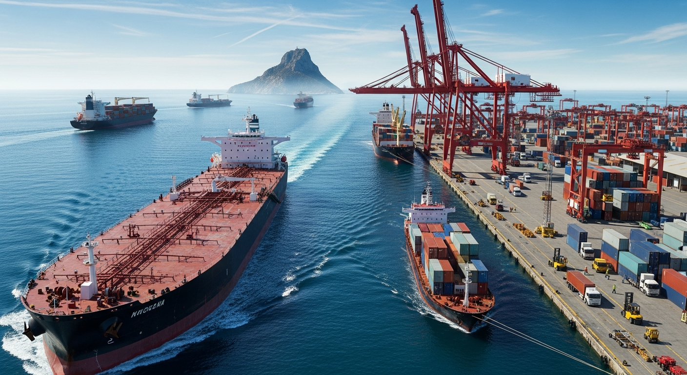 유조선과 우회하는 컨테이너선이 동시에 보이며 글로벌 공급망과 에너지 시장 충격을 나타내는 장면