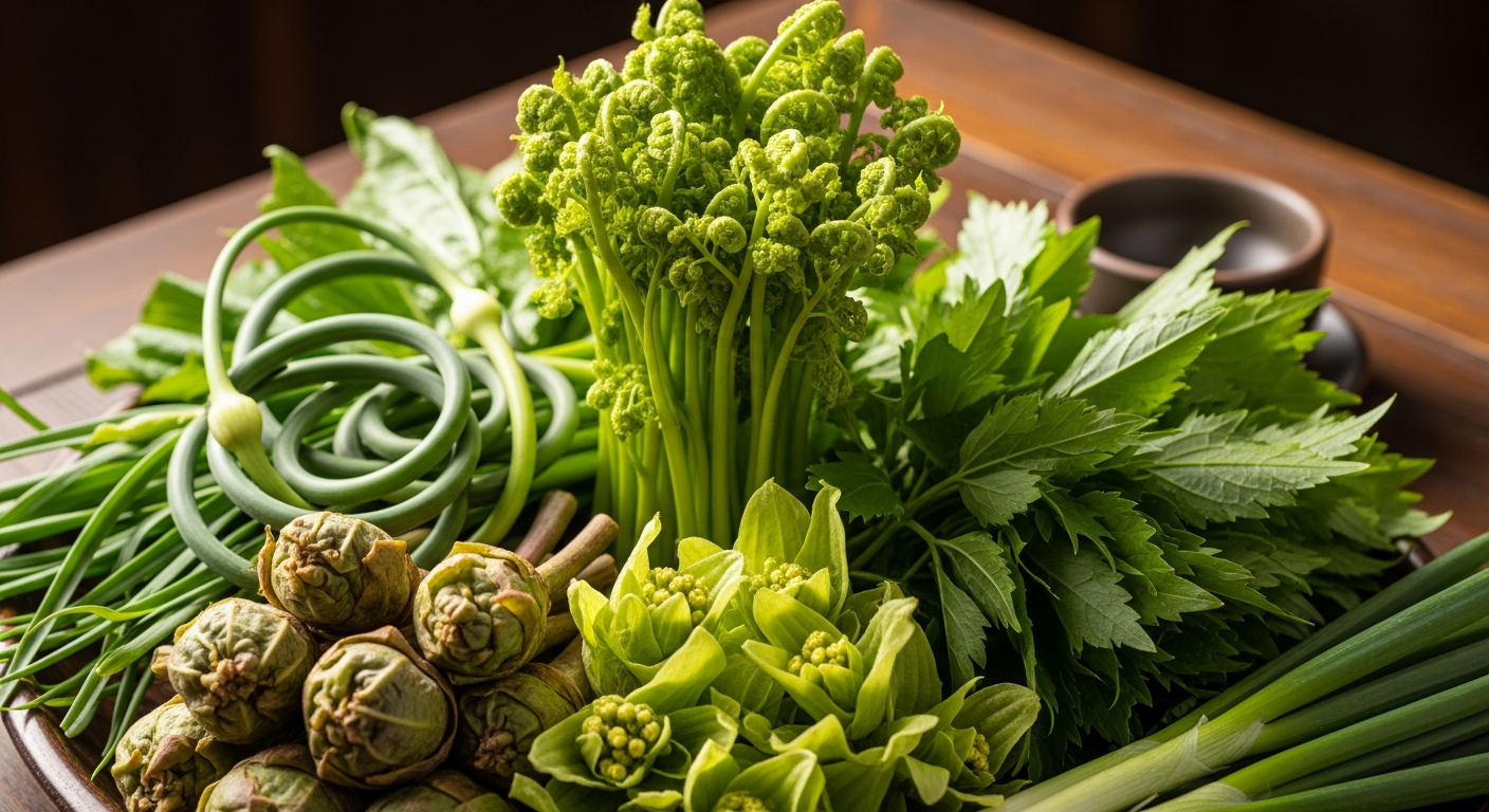 신선한 5월 봄나물과 채소들이 자연광 아래 전통적인 한국 배경에 놓여 있는 모습