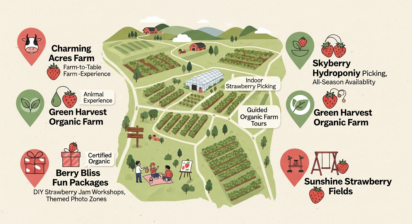 서울 근교의 겨울 딸기 체험 농장 5곳 위치와 특색을 나타낸 지도 이미지