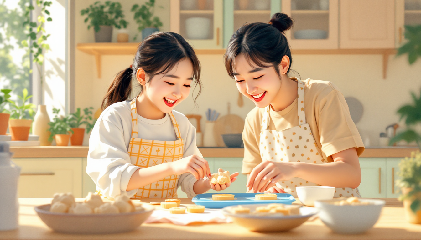 아이와 부모가 동물 모양 실리콘 몰드를 사용해 함께 베이킹하는 일러스트