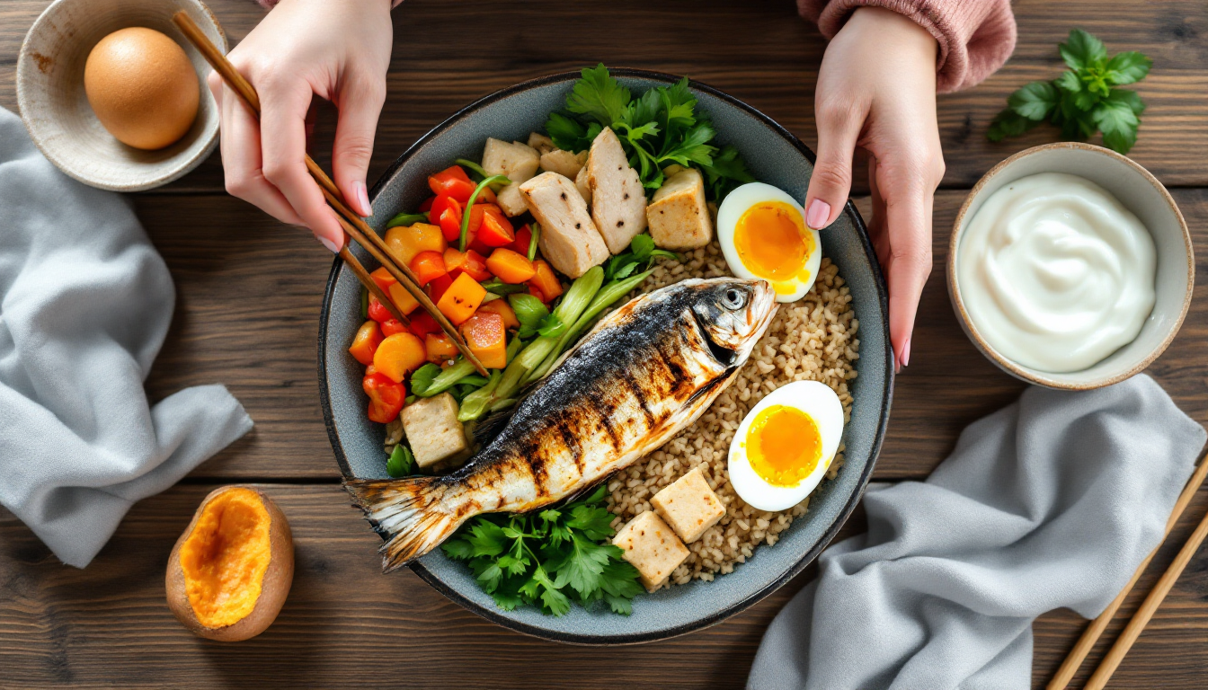 중년 여성을 위한 단백질 중심의 균형식 접시를 위에서 촬영한 고화질 사진 닭가슴살 고등어 두부 계란 그릭요거트 채소와 현미가 보임