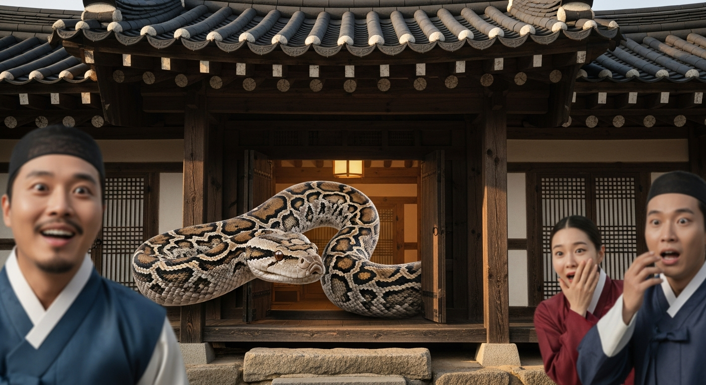 구렁이가 집으로 들어오는 꿈을 상징하는 한국 전통 가옥과 함께 구렁이 이미지
