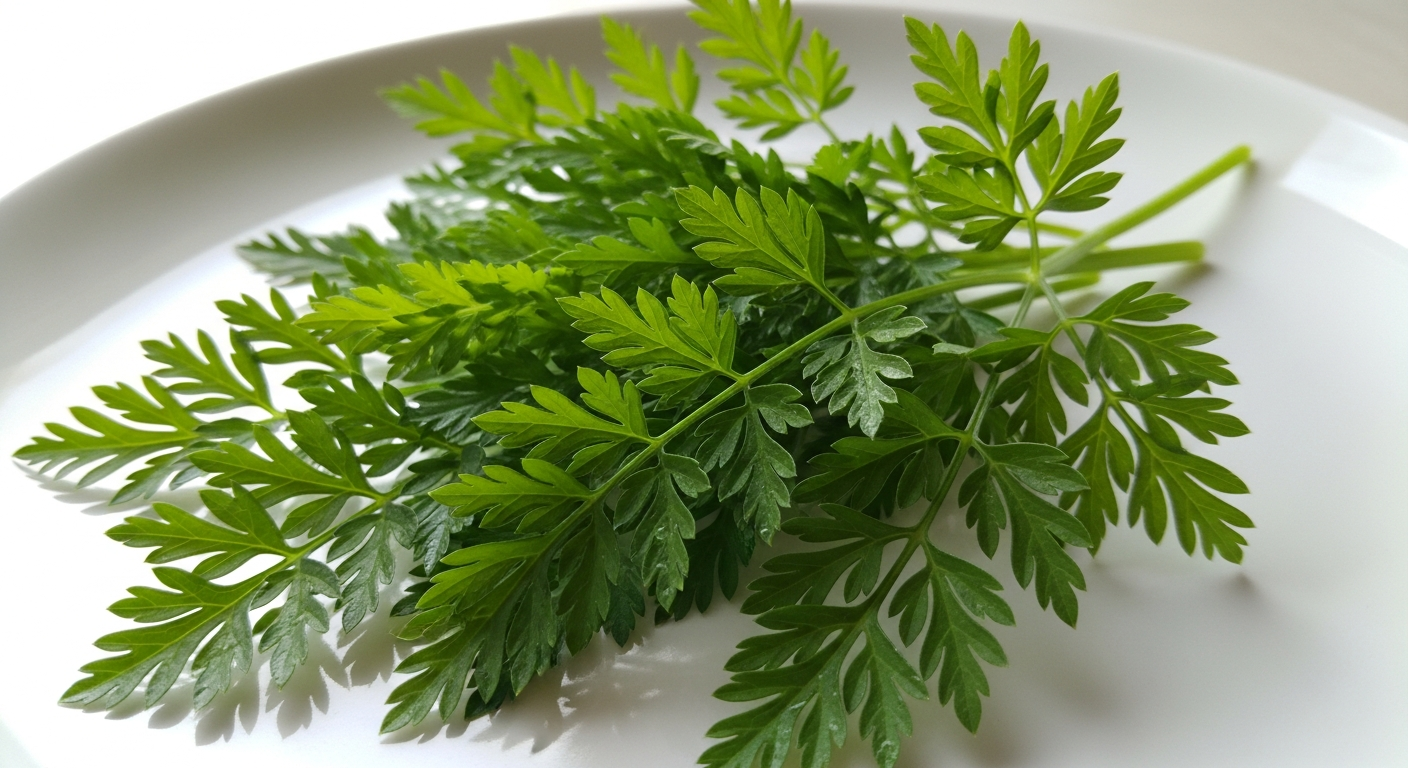하얀 접시에 담긴 신선한 참나물 잎