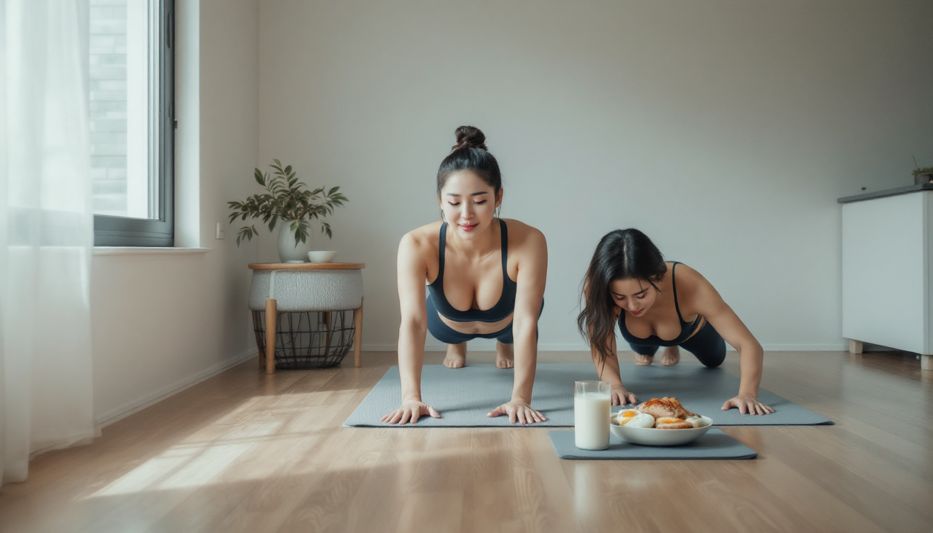 초보자용 근육 유지형 루틴으로 스쿼트 푸쉬업 플랭크를 한 장면과 단백질 식단이 놓인 이미지