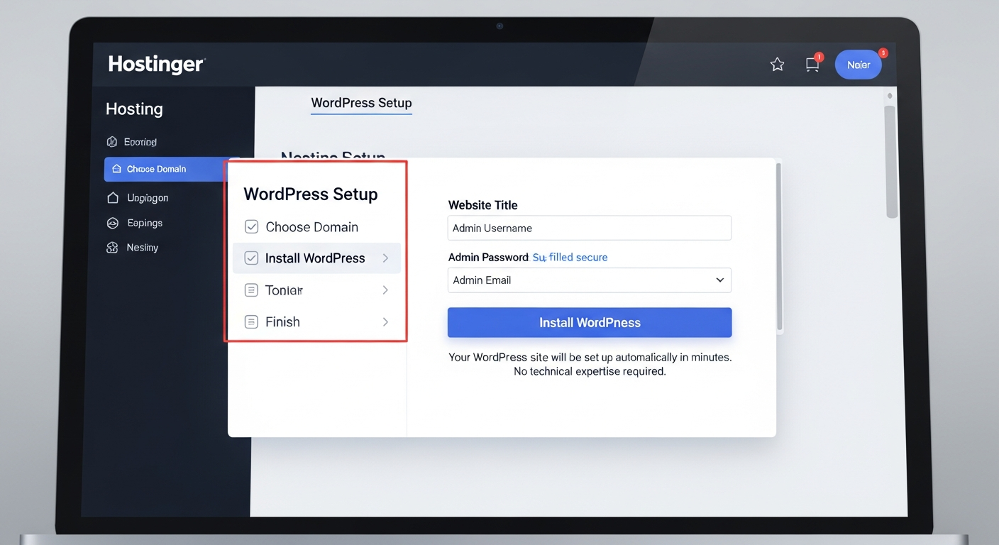 Hostinger 원클릭 워드프레스 설치 과정을 보여주는 컴퓨터 화면
