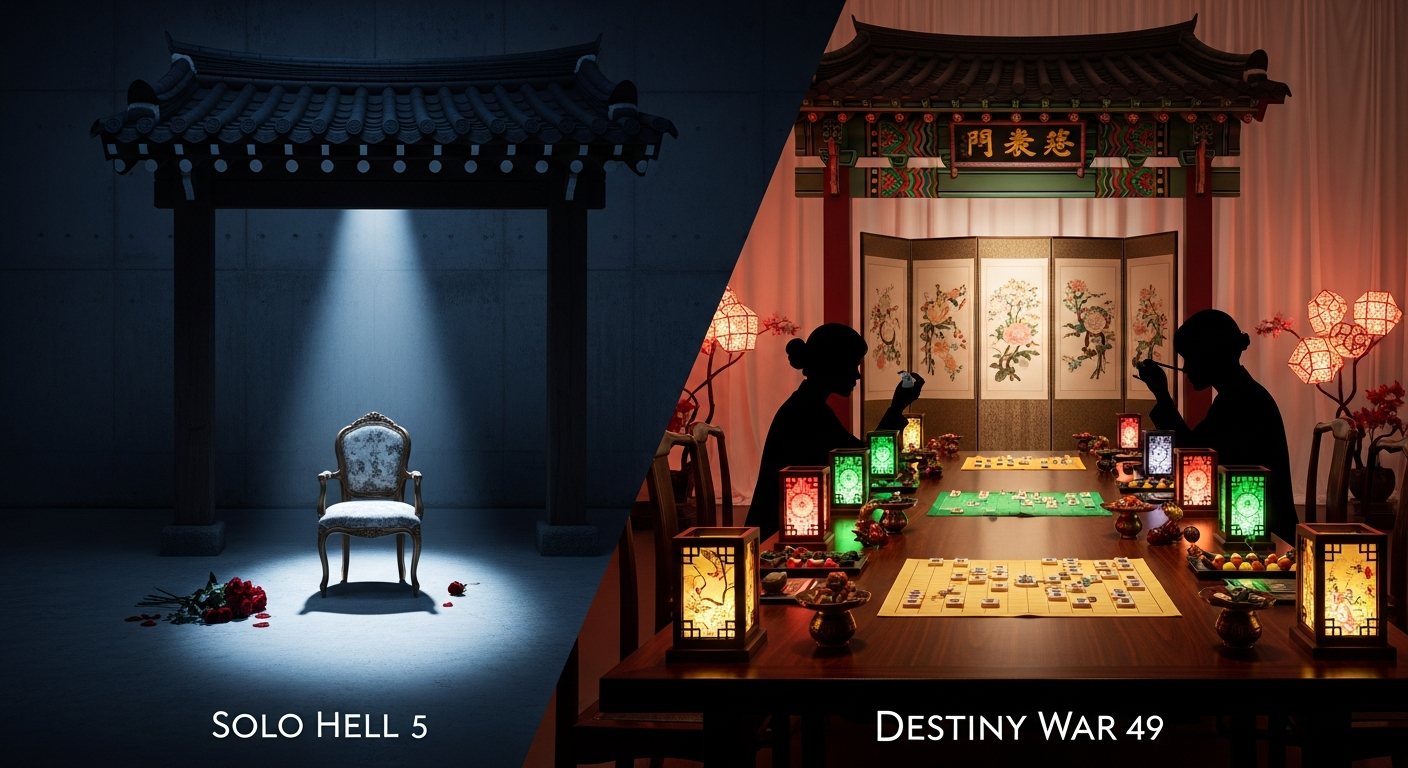 솔로지옥 5와 운명전쟁49 경쟁을 상징하는 대조적인 스튜디오 세트