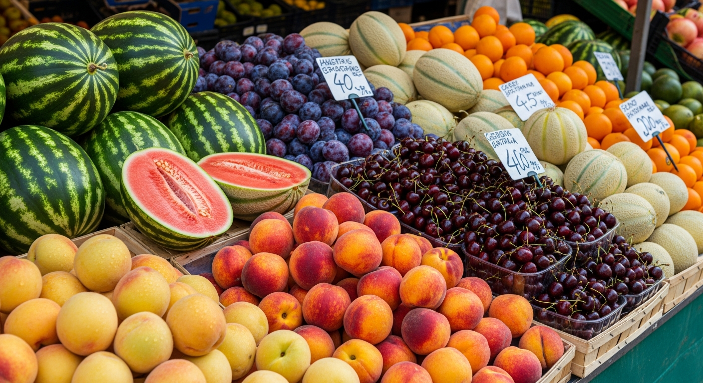 6월 제철 과일들이 신선하게 진열된 여름 과일 시장 풍경