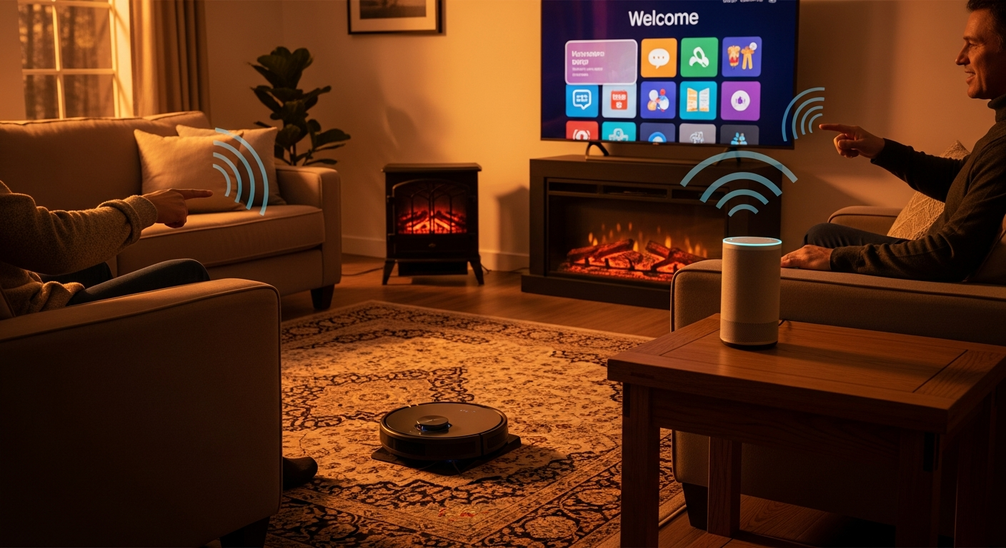 음성 명령으로 다양한 AI 가전을 제어하는 모습을 보여주는 안락한 거실 장면