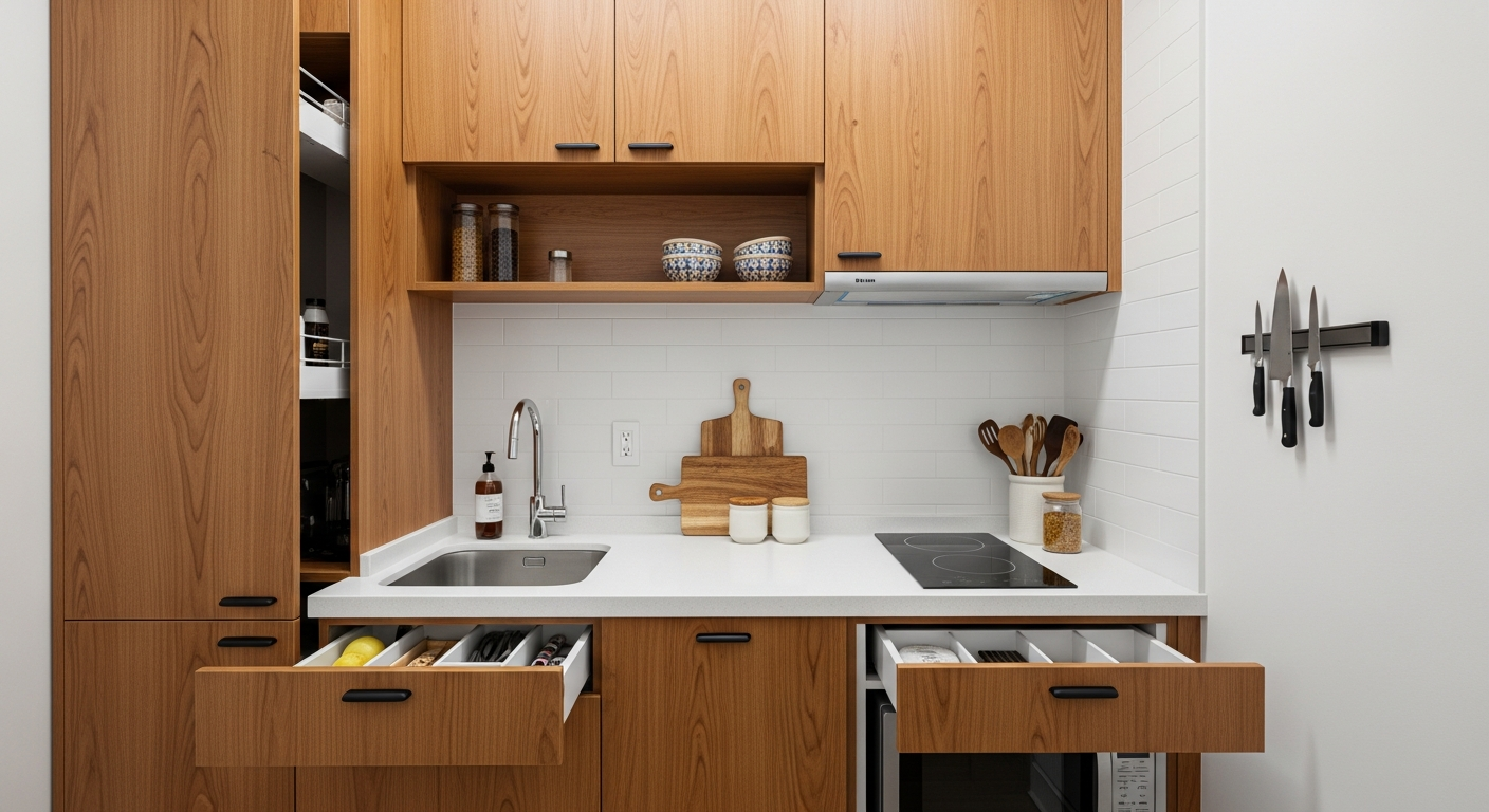 좁고 효율적으로 정리된 한국식 현대 주방의 실사 이미지