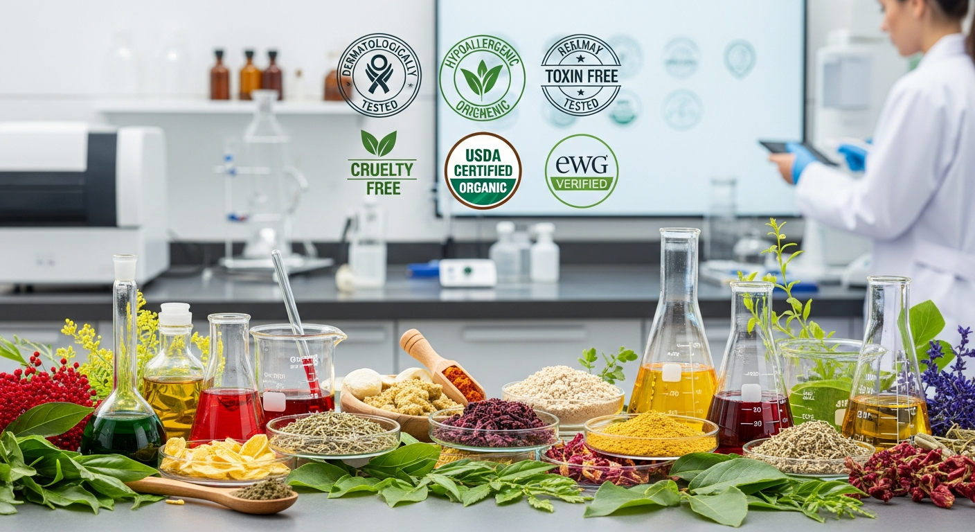 어린이 화장품에 사용되는 식물 추출물과 안전성 인증을 보여주는 이미지