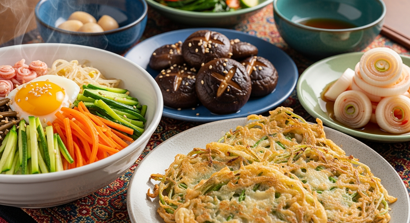 5월 제철 식재료를 사용한 한국식 요리들이 전통 식탁 위에 아름답게 차려진 모습