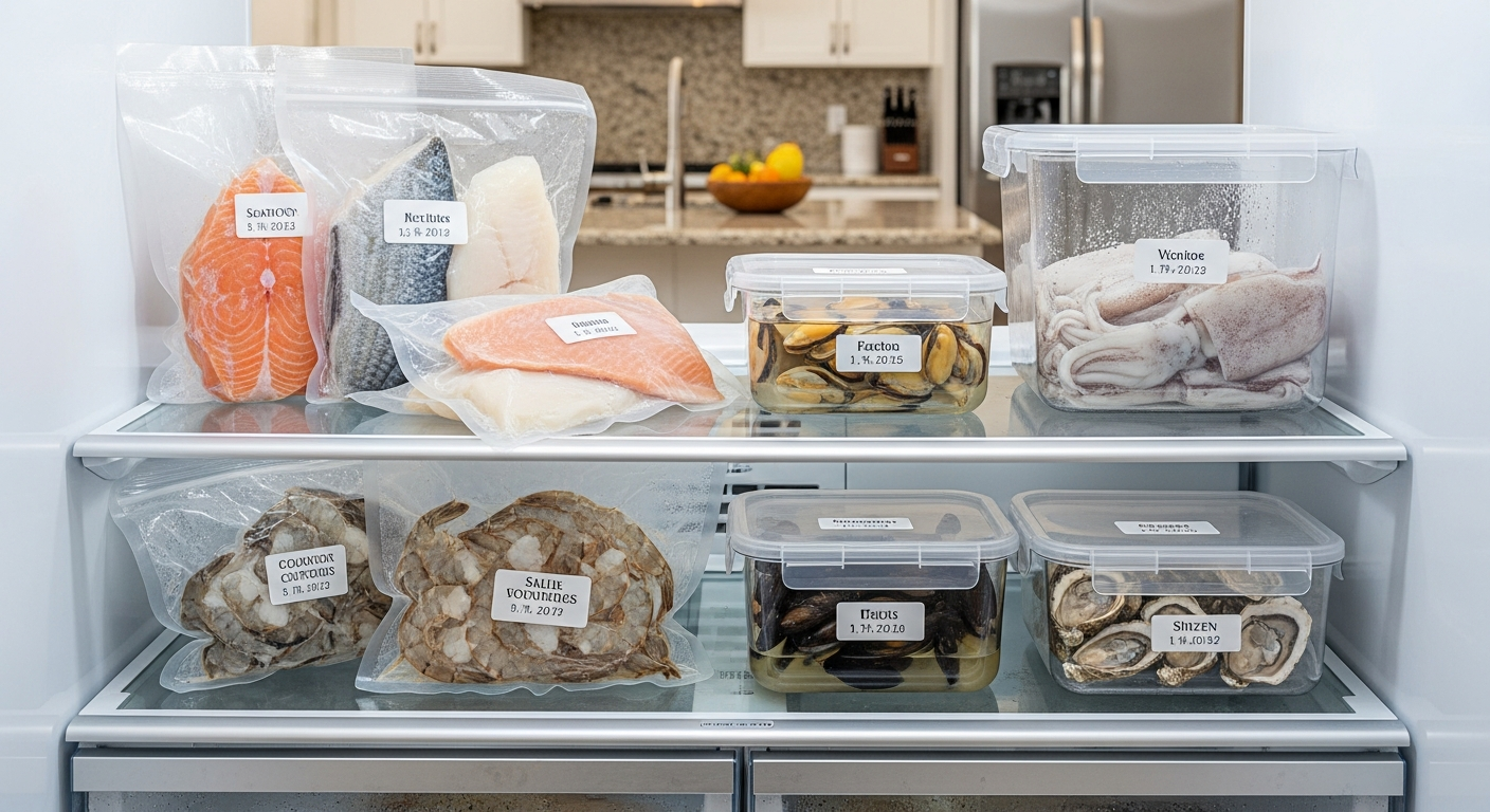 가정에서 해산물을 신선하게 보관하는 모습, 랩과 밀폐용기 사용한 냉장고 내부