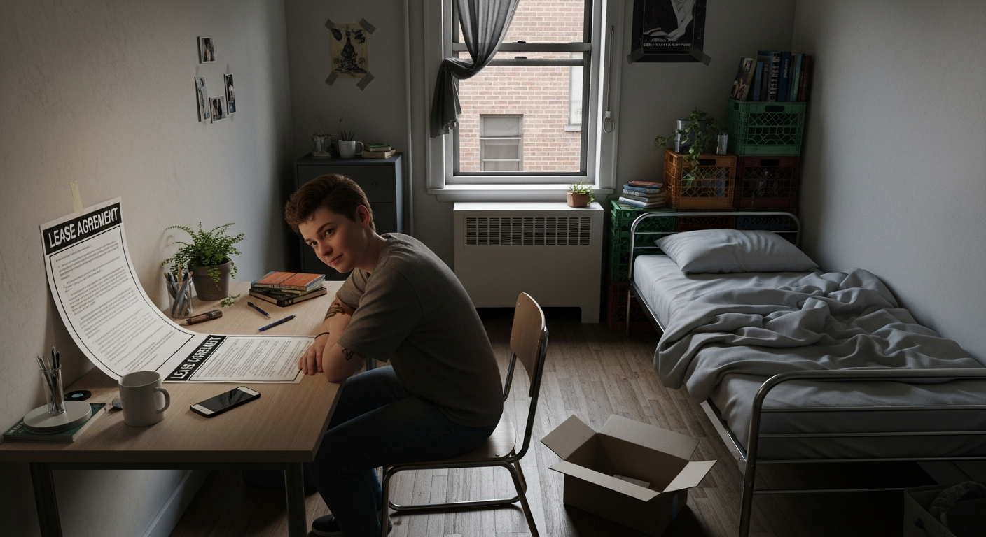 청년이 부모와 따로 거주하며 임대차 계약서를 들여다보는 모습