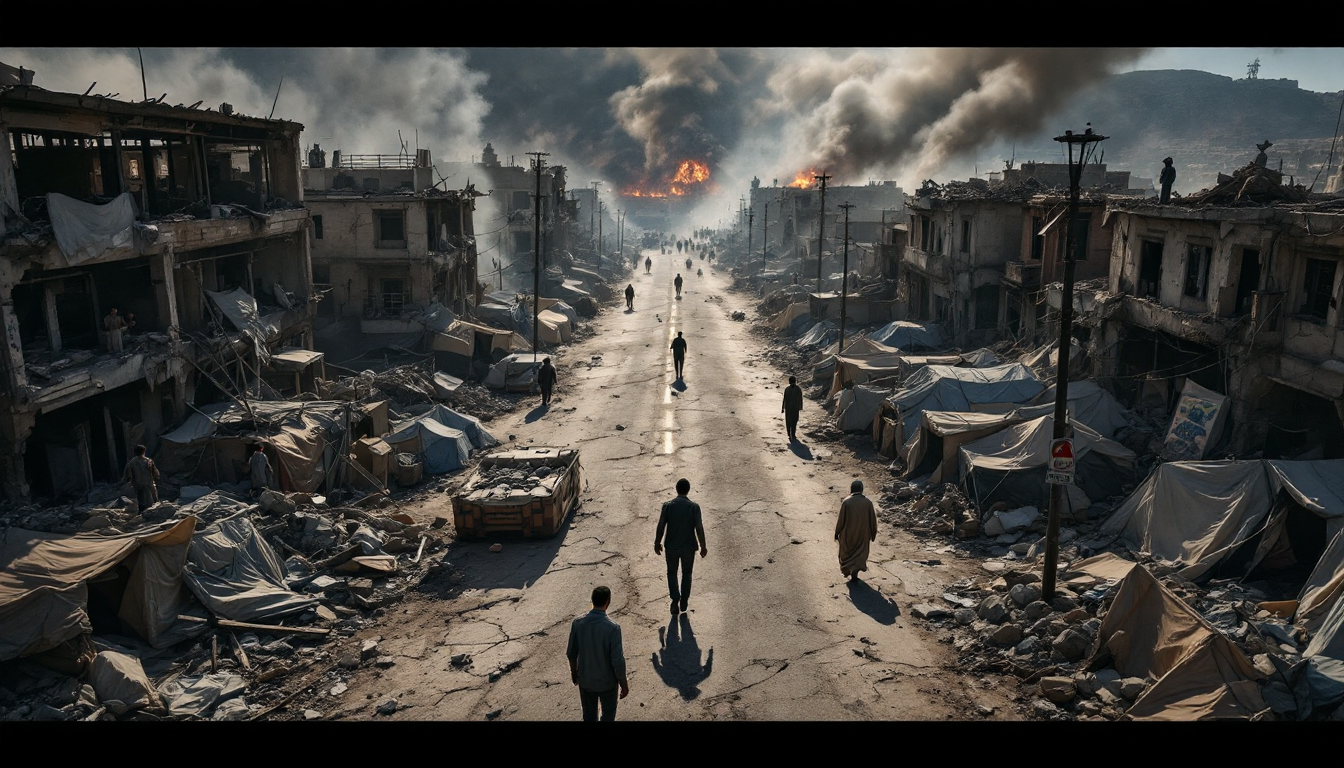 붕괴 위기에 처한 레바논 해안 도시의 항공 전망을 보여주는 이미지 파손된 건물과 연기, 임시 대피소와 피난민의 움직임을 묘사