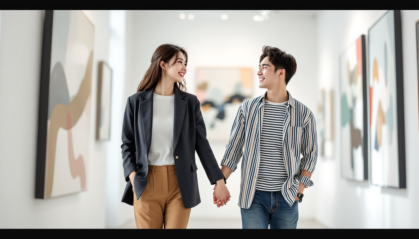 갤러리 내부에서 손을 잡고 걷는 한국인 커플의 로맨틱한 장면