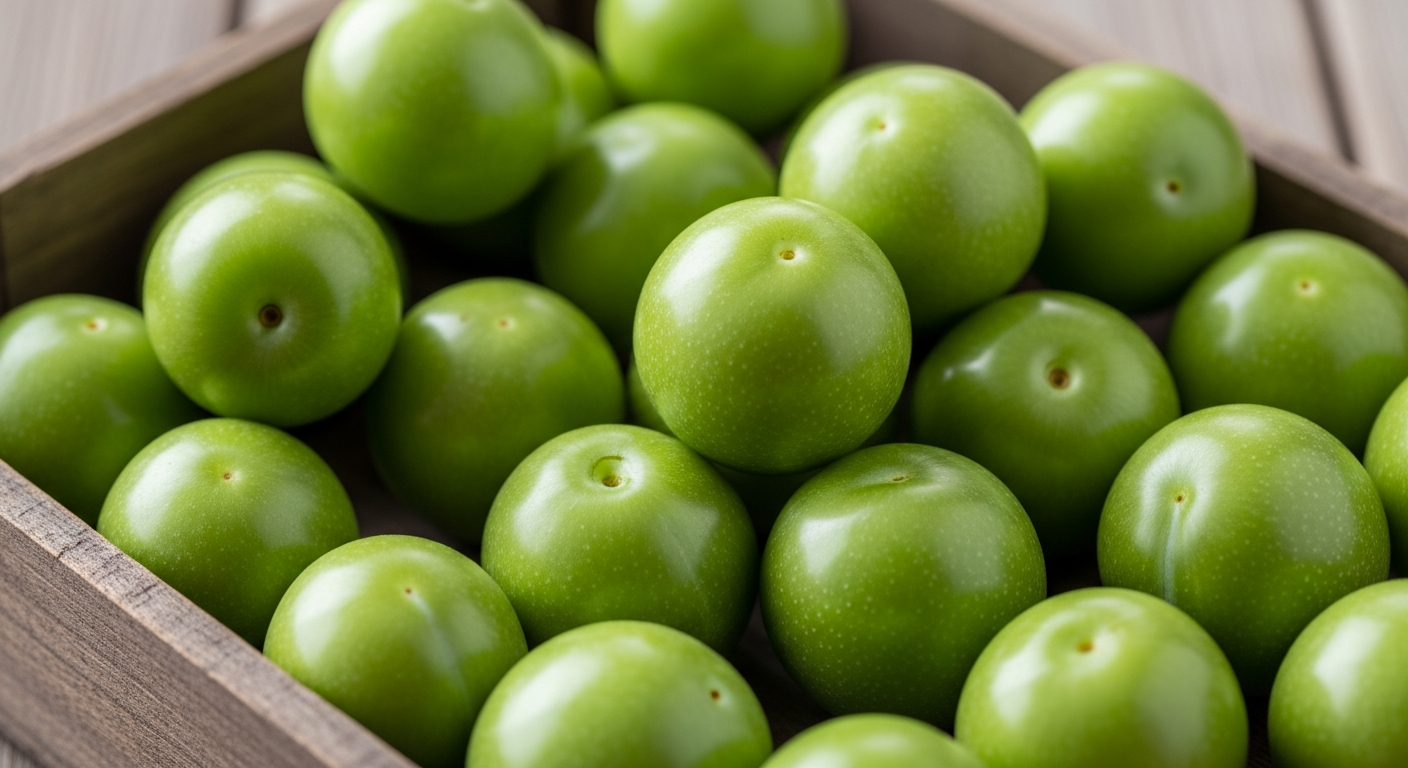 5월 말에서 6월 초에 수확하는 신선한 매실이 나무 상자에 담긴 모습