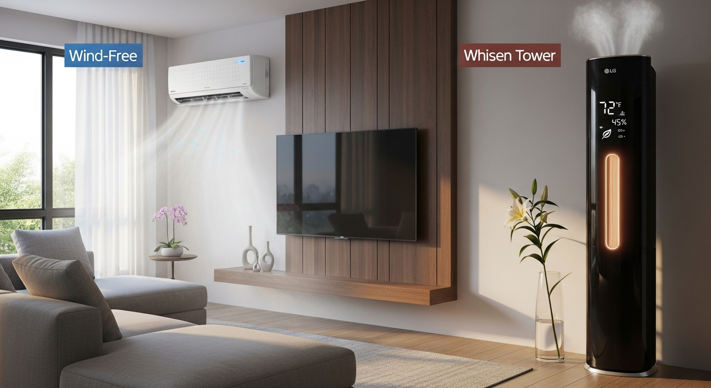 삼성 무풍에어컨과 LG 휘센 타워 에어컨의 특징을 비교하는 거실 공기조절 장치 이미지