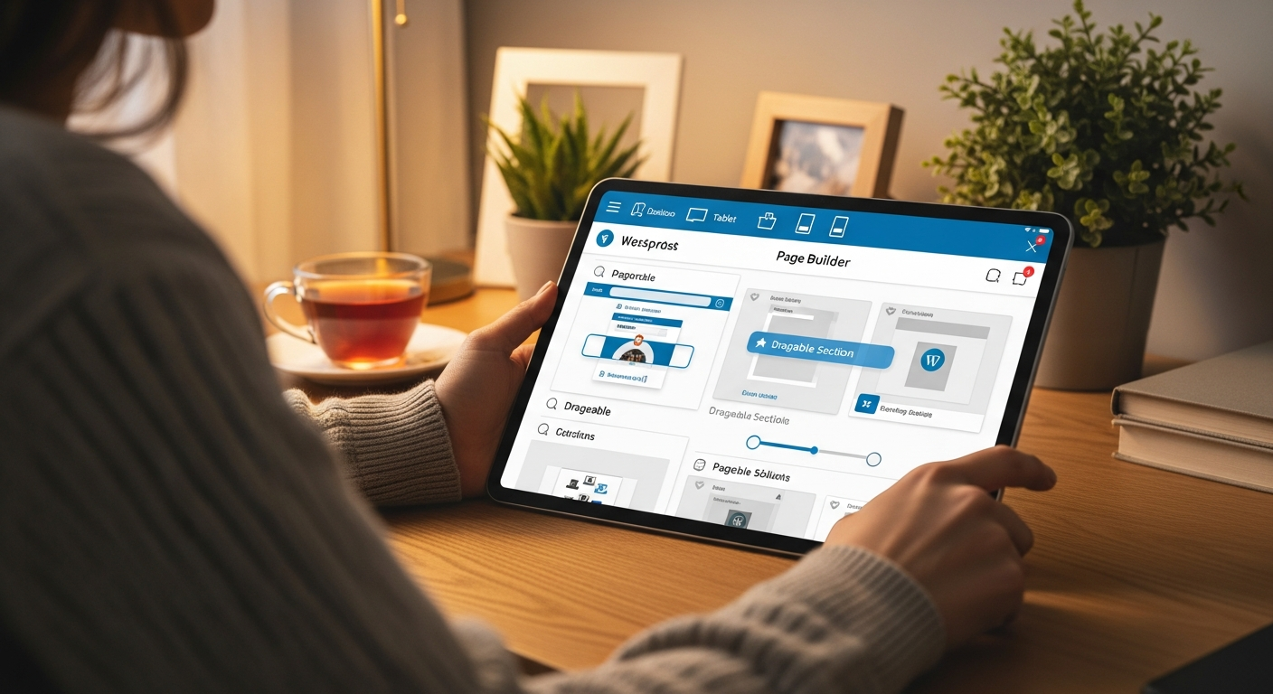 홈 오피스에서 페이지 빌더 툴을 사용해 워드프레스 사이트를 커스터마이징하는 따뜻한 느낌의 일러스트