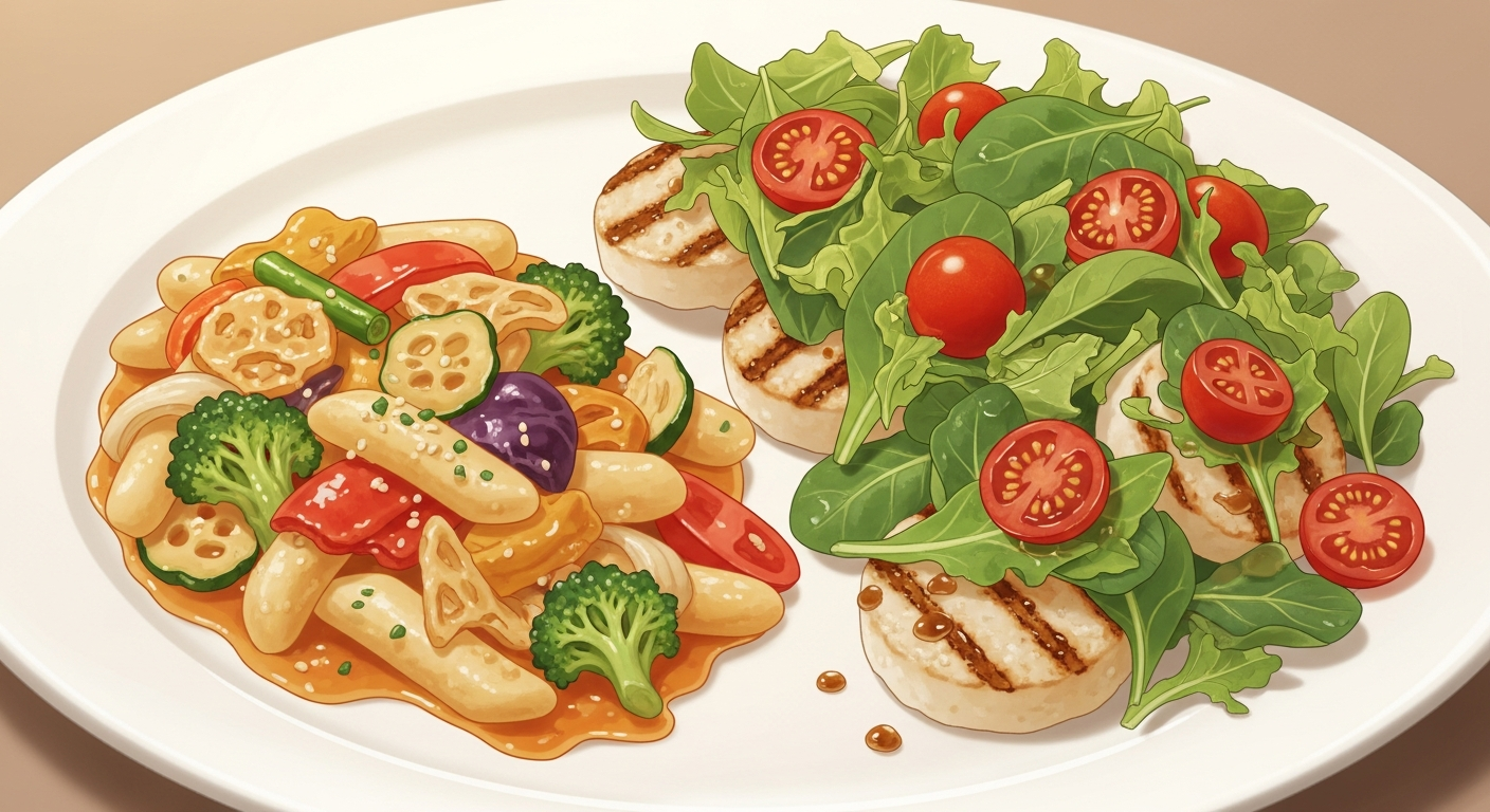 남은 음식으로 만든 채소 가득 저칼로리 떡볶이와 떡구이 샐러드의 따뜻한 동화풍 일러스트