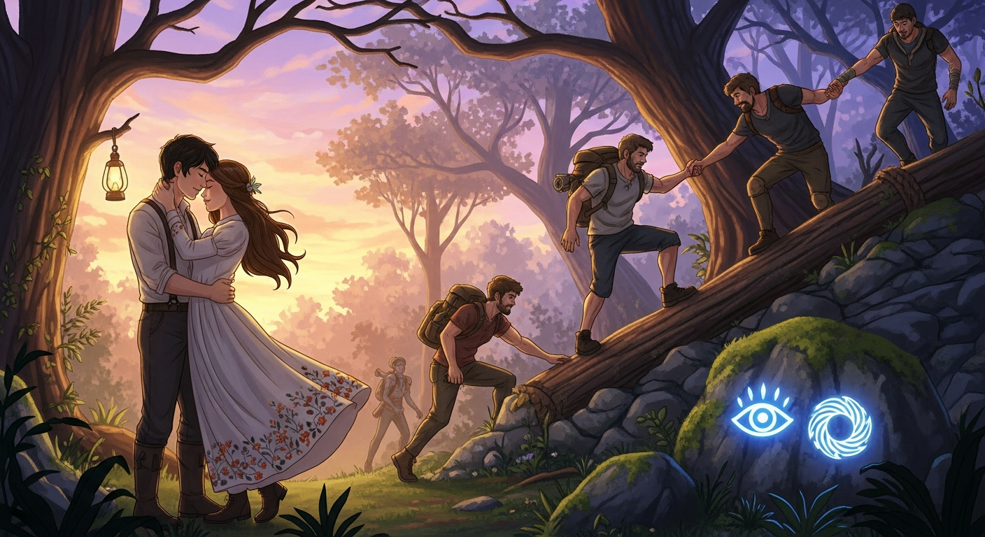 동화풍 일러스트로 연애, 서바이벌, 오컬트 장르가 융합된 모습