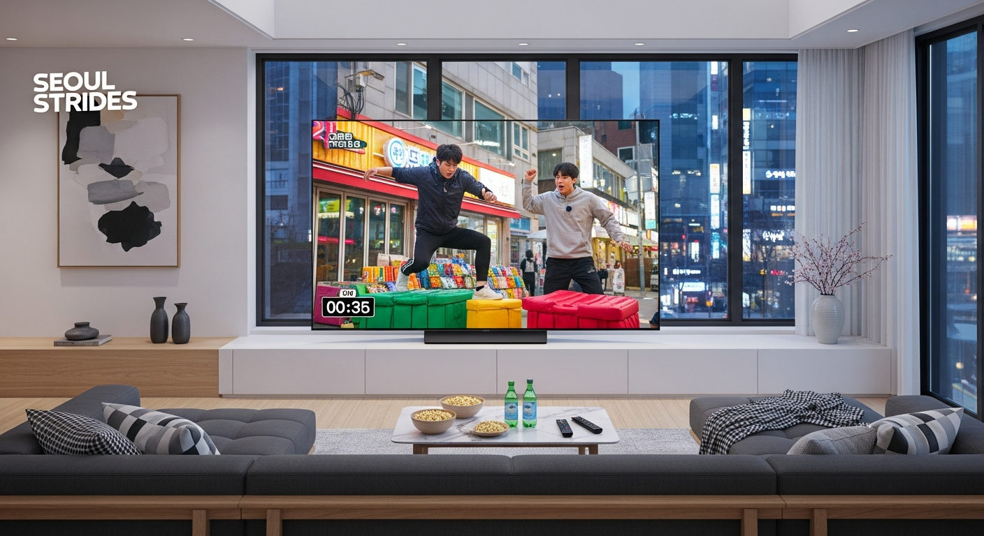 2026년 한국 가정에서 대형 TV로 리얼리티 예능을 시청하는 장면