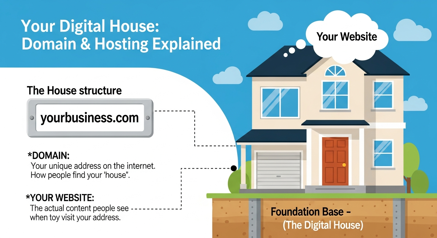 도메인과 호스팅의 개념을 집에 비유하여 설명하는 이미지