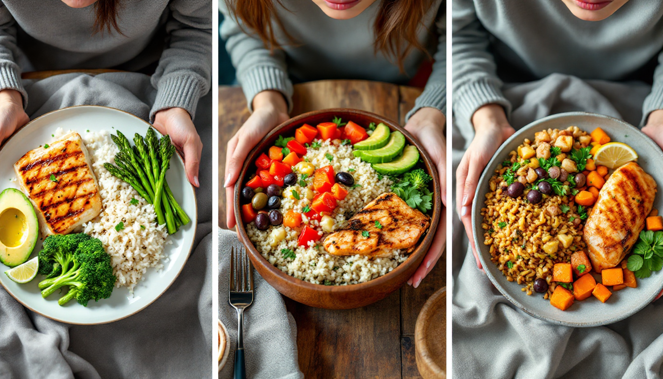 저탄수화물 지중해식 DASH 식단을 각각 보여주는 3단 분할 장면의 한국인 식사 모습