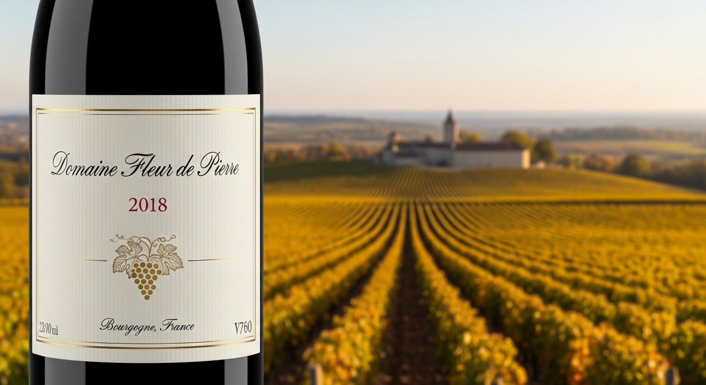 와인 라벨 앞면에 생산자 이름과 빈티지 연도가 강조된 고화질 와인 병 사진