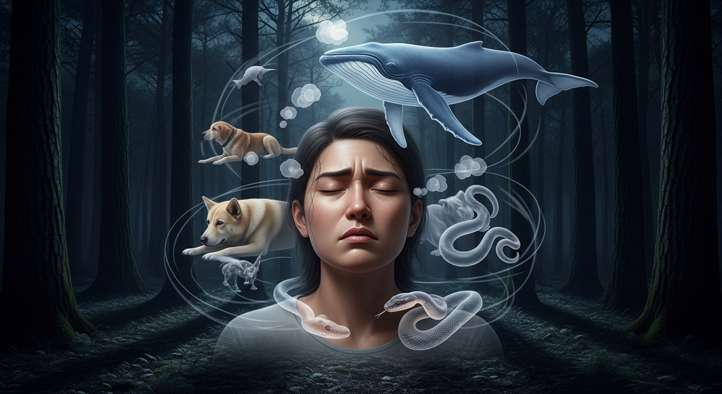 밤에 깊게 꿈꾸는 한국인과 주변에 무의식 신호를 상징하는 다양한 동물들