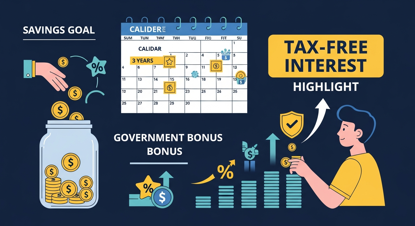 청년미래적금의 핵심 혜택인 정부 지원과 비과세 이자를 설명하는 인포그래픽 일러스트